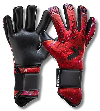 Storelli Lightning Goalkeeper Gloves, High-Impact Hand Protection with 5 Built-in Finger Spines, German New Basic Latex, Wrist Strap, Extended Cuff, Youth & Adults, Unisex, 1 Pair, Red Storm, Size 9