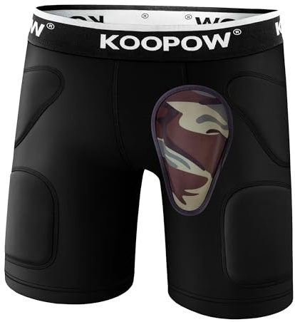 KOOPOW Youth Boys Padded Compression Sliding Shorts Pants with Soft Protective Athletic Cup & Pocket, Baseball Slider Underwear for Kids, Baseball, Football, Lacrosse (Black Camo, Small)