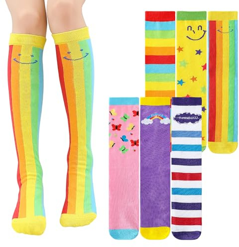 XEPST 6 Pares De Calcetines Hasta la Rodilla para Niñas - Calcetines hasta la Rodilla de Dibujos Animados Calcetines de Bota de Algodón a Media Pierna para Niñas de 3 a 12 Años-Talla Única, Arco Iris