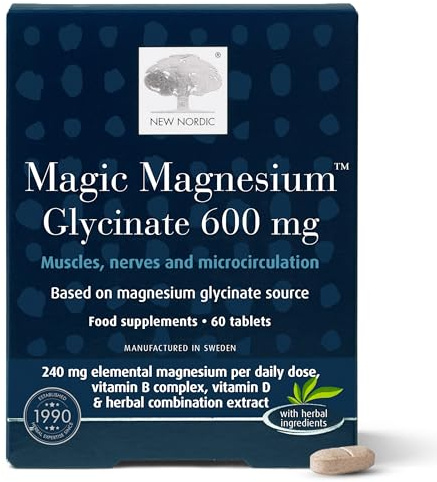New Nordic Magnesium Glycinate, 600 mg Extra Strength, Sleep & Muscle Support for Women & Men, Pine Bark & Long Pepper Extract, 60 Tablets (Pack of 1)