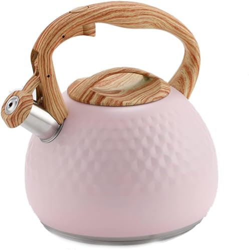 Bollitore da tè, teiera a fischio, con manico ergonomico in legno, fischietto, in acciaio inox, per gas, induzione, piani cottura, rosa, 3 litri