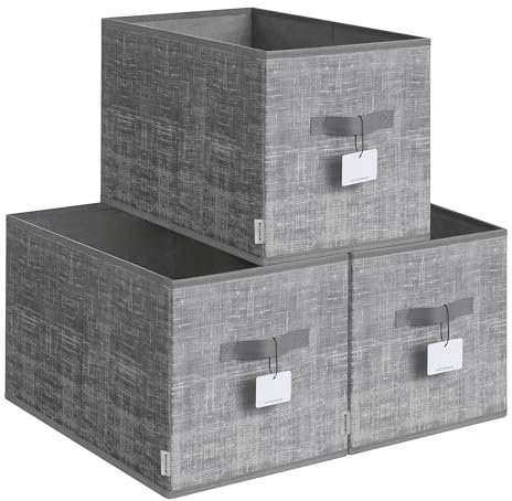 SONGMICS Scatole Portaoggetti Pieghevoli, Set di 3 Contenitori, 50 x 30 x 30 cm, Organizzatori per Armadio, 2 Maniglie, Portaetichette, per Camera da Letto Soggiorno, Grigio Giunco ROB450G01