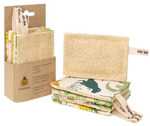 Superbee Lot de 10 éponges de cuisine naturelles en luffa biodégradables à base de plantes - Respectueux de l'environnement, sans odeur, nettoyage de la vaisselle, des casseroles et des poêles sales,