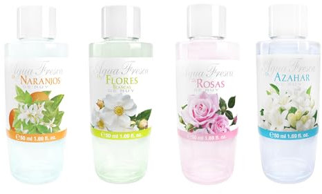 AGUA FRESCA DE RUY - Colonias Unisex Agua Fresca de Naranjos + Azahar + Rosas + Flores Blancas, Pack de 4 x 50 ml, Eau de Toilette Masculina y Femenina, Fragancia Suave de Larga Duración