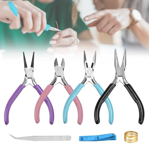CAREDGO 4 PCS Pinces à Bijoux Ensemble de Pinces à Bec Rond Pinces à Bijoux Fabrication de Bijoux Coupe-Fil Petite Pince à Bec Effilé Ensemble de Pinces à Bijoux pour la Réparation de Bijoux