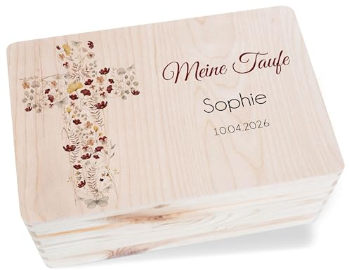 Shirtracer Erinnerungsbox Baby personalisiert Kreuz Blumen | Holz, 30x20x14 cm, Taufe, Taufgeschenke, Patenkind, Erinnerungskiste, Aufbewahrungsbox, Geschenkebox, Kartenbox