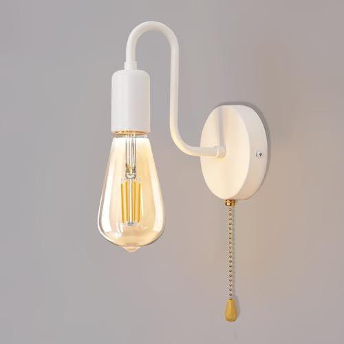 ANKBOY Weiß Wandlampe mit Schalter, E27 Vintage Wandleuchte mit Zugschnur | Wandleuchte Innen mit Schalter Retro Wand Lampe Industrial für Schlafzimmer Küche, Ohne Lichtquelle