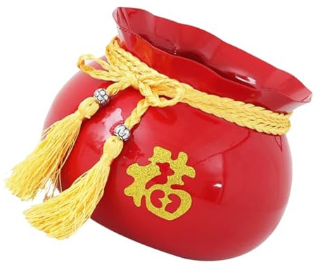 INOOMP Chinese Flower Bucket and Decorative Flower Pot for Household Plants, Red Small Iron Metal Luck Bag Planter for Chinese New Year Decoration and Table Ornament