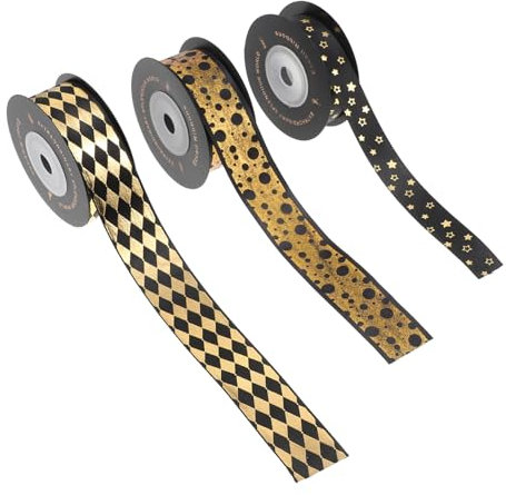 STOBOK 3 Rollen Frisches Blumen Geschenkband Polyesterband 25mm 16mm Schwarz mit Goldprägung für Geburtstags und Festtagsverpackungen Partydekoration
