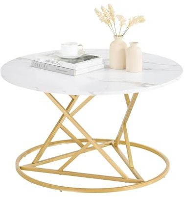 GOKHOMX Tavolino Rotondo da Salotto, Tavolino da Caffè Tavolino da Salotto Rotondo per Soggiorno Moderno Tavolino Salotto Moderno Effetto Marmo, Ttavolino con Cornice in Metallo Dorato