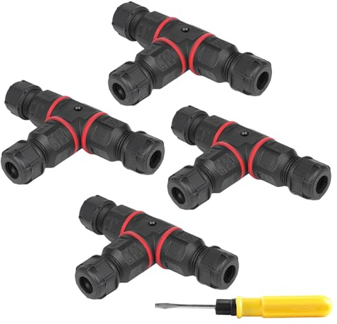 PRITOK Pack of 4 Waterproof Cable Connectors: T-Shaped 3-Way Waterproof Cable Connector with Dual Purpose Screwdriver, 3-Pin Connection Sleeve Earth Cable Junction Box, Garden Cable Sleeve (M20)