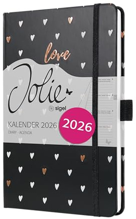 SIGEL J6335 Wochenkalender 2026 ca. A5, schwarz, Hardcover, Gummiband, Stiftschlaufe, Einstecktasche, 174 Seiten, vegan, Buchkalender, Terminplaner Taschenkalender Jolie