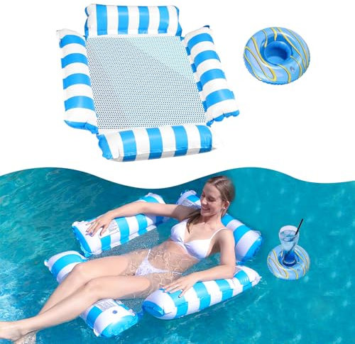 TAIHOBO Hamac Piscine, Matelas Gonflable Piscine Durable, Matelas Piscine Filet avec 1 Porte-Gobelet Gonflable, Hamac Gonflable Facile À Transporter, pour Adultes et Enfants