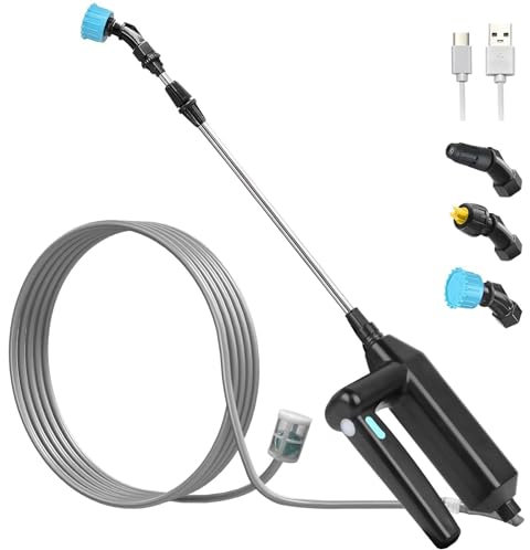 Kevsuvqin Pompa Irroratrice a Batteria 7.4V/2400mAh, Spruzzatore a Pressione Elettrico, Nebulizzatore Piante con 3 Ugelli e Tubi da 8M, Spruzzino Nebulizzatore Acqua Retrattile per Irrigazione