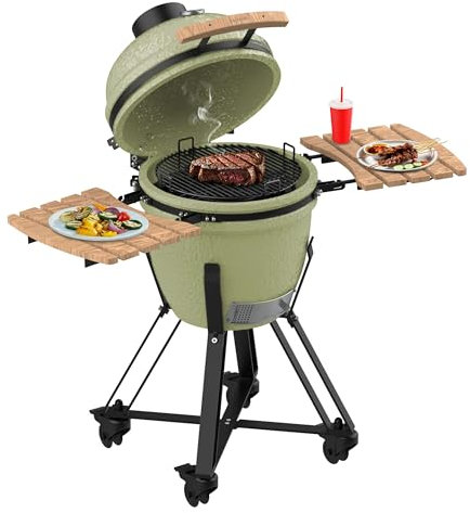 Cecotec Kamado Barbacoa de Carbón Cerámica Ø 46cm DragonFire 4600. Asa, Ahuma, Hornea y Guisa, Resistente a 1000ºC, Diámetro 46cm, Soporte Hierro Fundido, Cámara Hermética, Ruedas, Termómetro