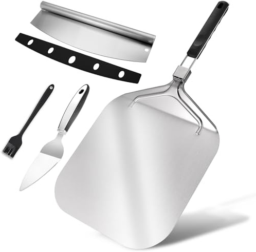 MANJIA Pizza Peel 12 x 16.5, Pizza Paddle with Cutter Rocker Set - Metal Pizza Peel with Foldable Handle, Pizza Spatula Paddle for Indoor & Outdoor Ovens Homemade Pizza Making Kit