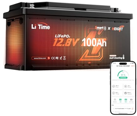 LiTime LiFePO4 12V 100Ah H190 Lithium Batterie mit Bluetooth für Wohnmobil | Smart-Heizung, DIN H8 L5, Upgrade 200A BMS, 2C Entladung, 4000+ Tiefzyklen, IP65, 1280Wh, für Wohnwagen, Solaranlage, Boot