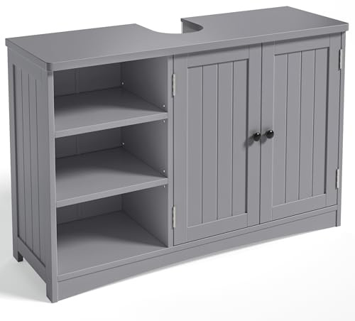 Bealife Waschbeckenunterschrank, Badezimmerschrank 90 x 30 x 60 cm, mit 2 Türen, 5 Fächern und höhenverstellbarem Einlegeboden in 3 Stufen, Magnetverschluss, viel Stauraum, wasserabweisend (Grau)