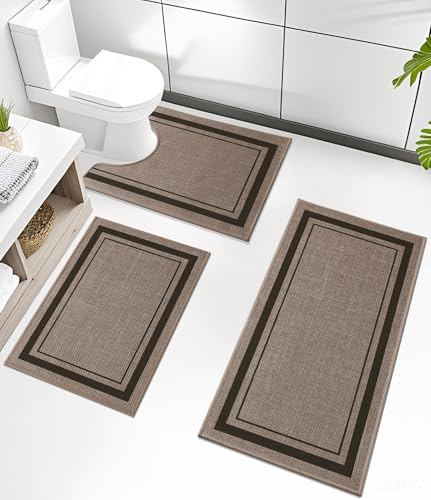 chakme Bathroom Rug Sets 3 Piece, Ultra Thin Bath Mat Absorbent, Non Slip, Machine Washable, Dark Beige, 17 x 24 / 17 x 30 / 17 x 59