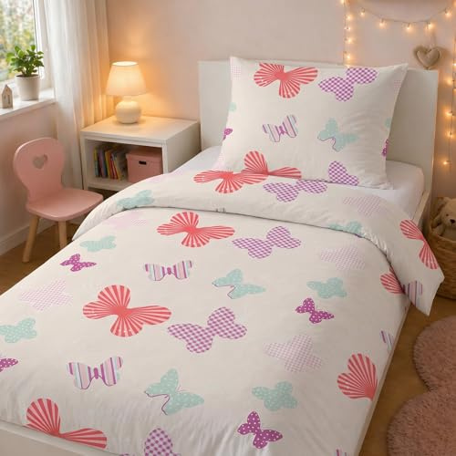 LINKHOFF Bettwäsche Mädchen 135x200 Rosa - Kinderbettwäsche 100% Baumwolle Reißverschluss - Bettwäsche-Set Schmetterlinge Pink - Bettbezug + Kissenbezug 80x80 Bettzeug Kinder