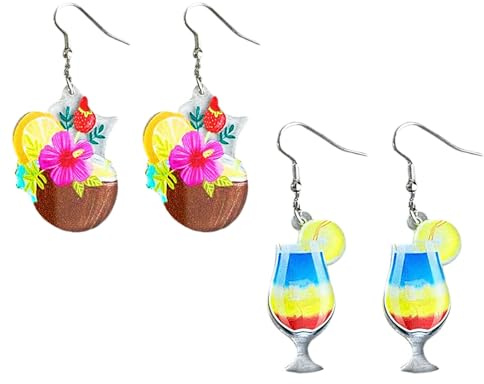 Boucle d Oreille Hawaienne, Boucles d'Oreilles Noix de Coco, Boucles d'Oreilles Bohèmes Colorées et Douces en Verre à Vin, Bijoux Cadeau pour Femme pour l'été, Plage, Fête, Vacances(C)