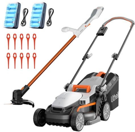 Litheli Tagliaerba a batteria da 20 V (33 cm) e tagliaerba (25 cm), altezza di taglio 25 – 65 mm, motore potente, adatto per prato da giardino e taglio esterno, tosaerba con tagliaerba a batteria