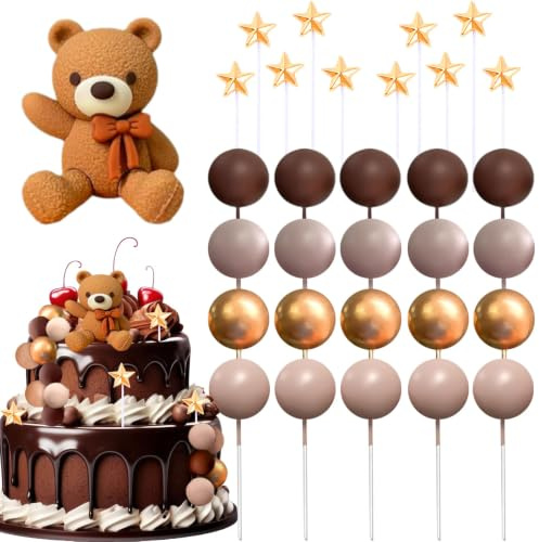 31 PCS Bear Cake Decoration Set, Aesthetic Cake Balls Decoration, Cute Teddy Bear Baby Shower Topper with Balls and Stars, Practical Suitable for Cakes Decorations Accessories