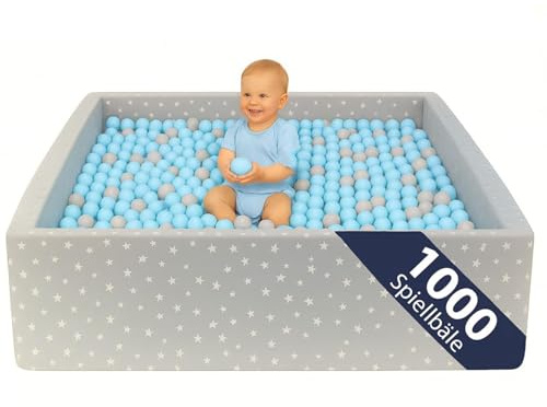 Bällebad Kinder 120×120 cm XXL – großes Stoffbecken mit 1000 Spielbällen Ø 7 cm, weiches Indoor-Bällebad für Babys & Kleinkinder, Stabiler PU-Schaum, Abnehmbarer Baumwollbezug (Plüsch/Hellblau)