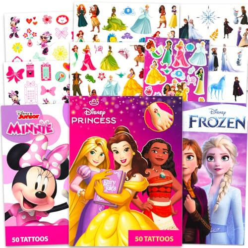 Disney Tattoos Party Favor Set for Girls - 150 Temporary Tattoos Featuring Minnie Mouse, Disney Princess and Frozen with Stickers (6 Tattoo Sheets)