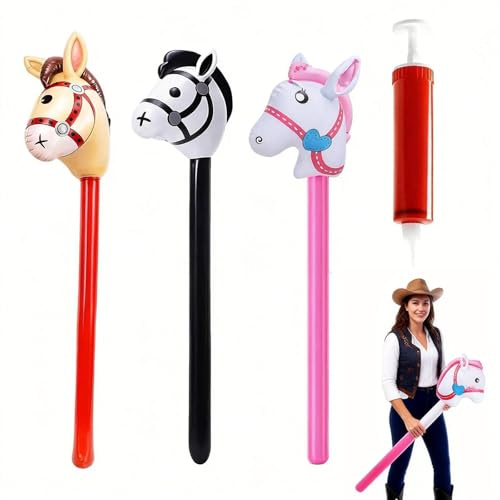 GakQll Hobby Horse Pferde 3 Stück Steckenpferd Aufblasbar Hobbyhorse, 4-teiliges Set mit Luftpumpe, 95 cm Länge für Kindergeburtstage, Karneval und Weihnachtsdekoration