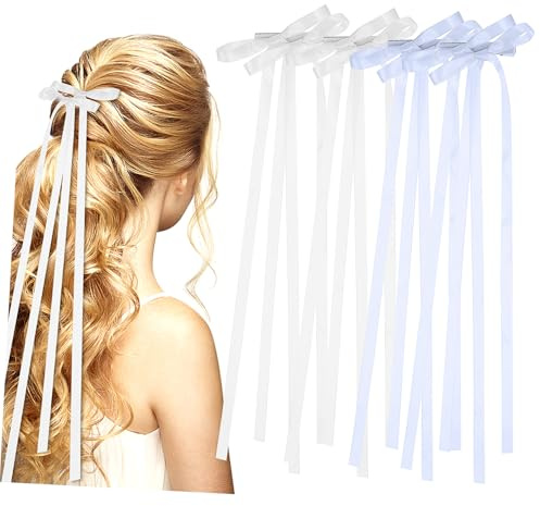 TOYZFRIENDY 4 pièces Pinces Cheveux Femme Nœud avec Longs Glands Barrettes Ruban pour Cheveux Épais et Bouclés Accessoires Élégants pour Femmes et Filles Lot de Bleu