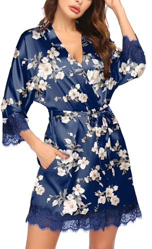 Ekouaer Women's Silky Robes Short Cute Satin Kimono Robes Plus Size Silk Lightweight Bathrobes Nightwear with Pockets Navy Floral XXL