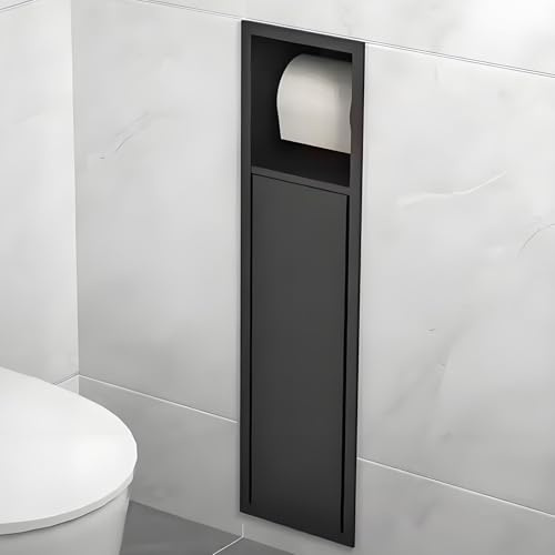HuanSebesity ‌Doppeltöckige Badnische Aus Edelstahl,Eingelassener Toilettenpapierhalter Und Wc-Bürstenhalter,Anti-Fingerabdruck, Wasserdicht,Für Hotels Und Wohnzimmer MatteBlack-16x60x12.5cm