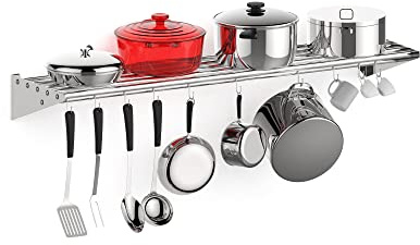 Aptliton Stainless Steel Wall Mounted Pot Rack, 10 Hanging Hooks Pot and Pan Organizer with Side Guards, Heavy Duty 185Lbs Capacity Storage Shelf for Home & Restaurant Kitchen, 48 * 12 inch