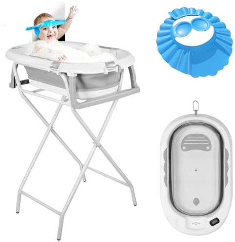 Homewell Faltbare Babybadewanne mit Ständer, Babybadewanne mit Badematte und Thermometer, Reisebadewanne, ideal als Geschenk zur Geburt Mädchen oder Jungen, 82 x 42 x 22 cm (Grau)