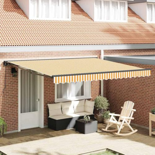 Owoxanthellate Tenda da sole retrattile, colore giallo, bianco, 400 x 300 cm, in poliestere, con braccio articolato, per balcone, protezione solare, resistente ai raggi UV, design moderno per giardino