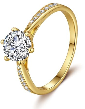 Tolldek 9K 375 Gelbgold Solitärring, 6 Klaue Pärchen Ringe mit Labor Erstellt Diamant Echtschmuck, Au375 Gold Freundschaftsringe, Gr.52 (16.6)