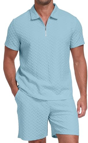 QIXING Mens Shorts and T Shirts Sets 2 Piece Summer Co Ord Outfits 1/4 Zip Polo Collar Shirt Casual Holiday Wear(Sky Blue, M)