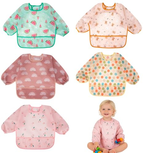 BQMEZRNUS 5 Stück Baby Lätzchen mit Ärmel,Lätzchen zum Abstillen mit Langen Ärmeln,Wasserdicht Abwaschbar Ärmellätzchen,Babylatz Beikost Zubehör für 6-24 Monate