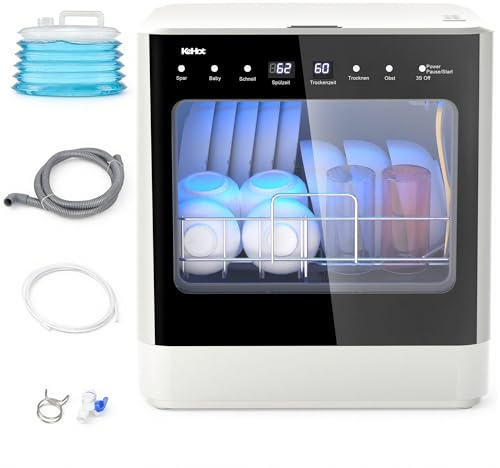 Tischgeschirrspüler, Tragbarer Geschirrspüler mit Wasseranschluss, 4 Programme, Spült bis zu 6-8 Teller, Heißluft-Trocknung & Antibakterialspeicher, LED Touch, Kompakt für Wohnung, Wohnmobil & Camping