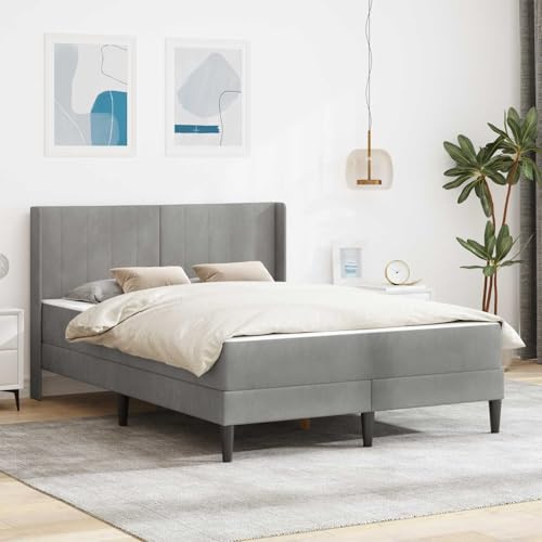 Zentexion Sängram med madrass, ljusgrå, 140 x 190 cm, sammet för sovrum och gästrum, stabil plywood, 20 cm komfortskummadrass, elegant design, hållbar och lätt att rengöra
