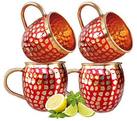 Rastogi Handicrafts Lot de 4 mugs Moscow Mule en cuivre pur Rouge