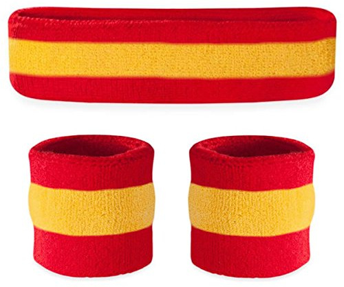 Suddora Striped Sweatband Set, Moisture Wicking 2 Wristbands and 1 Headband, Breathable Athletic Sweat Bands for Sports, Costumes & Cosplay, Matching Bands to Wear with Jersey, Red Yellow Red