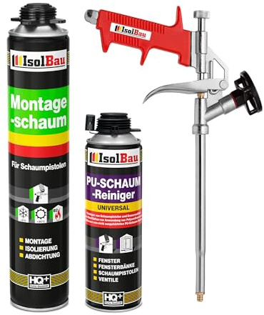 Isolbau Bauschaum-Set - Inkl. 1 x 1K Montageschaum B2 Pistolenschaum mit hervorragender Schall und Wärmedämmung (je 750 ml), 1 x PU-Schaum-Reiniger (500 ml) & 1 x Schaumpistole, Dämmen