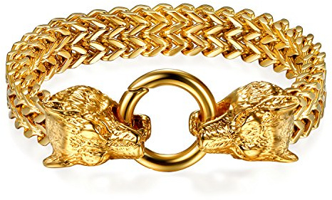 Flongo Herren Armband, Groß Edelstahl Armband Armreif Cuban Curb Gliederkette Francokette Armkette Wolf Kopf Fahrradkette Motorradkette Silber Gold Biker Männer Accessoires Herrenschmuck
