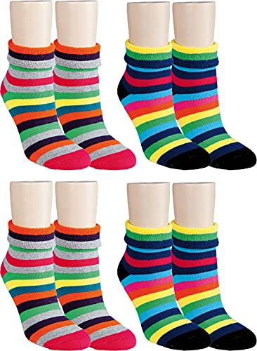 RS. Harmony Thermo-Socken mit Umschlagrand, Weihnachtssocken, warme und weiche Damen Frottee Kuschelsocken ohne Gummidruck, 4 Paar, bunte Ringel, Ferse rosa und schwarz, 39-42