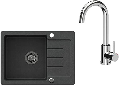 VBChome Évier avec robinetterie - 58 x 43 cm - En granit noir - Vidage sous meuble à partir de 50 cm - Siphon de cuisine - Évier encastrable - Lavabo moucheté chromé