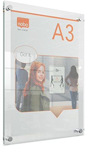 Nobo A3 Posterrahmen aus Acryl, rahmenlos, Eckbefestigung, Hoch-/Querformat, Premium Plus, transparent, 1915590