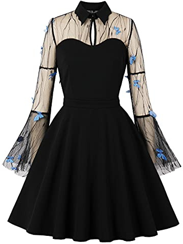 Cocktailkleid für Damen, Vintage, Netzstoff, mit Blumenstickerei, A-Linie, Cocktailkleid, Abendkleid, Gothic-Kleid, 1950er-Jahre-Stil, Gothic-Kleid