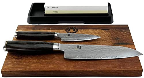 Kai Shun Premier Tim Mälzer Damast-Messerset | Officemesser TDM-1700 9 cm | + Santokumesser TDM-1702 18 cm | +Schleifstein AP-316 | + großes Eichenbrett 30x18 cm